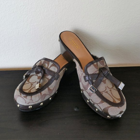 NEW Coach Tanya Brown Signature Canvas Wooden Clogs-size 6.5 - Picture 1 of 12